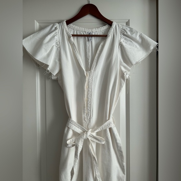 Zara White Rustic Cap Flutter Sleeve Jumpsuit Belted Cotton Summer Sz Small - Picture 12 of 16